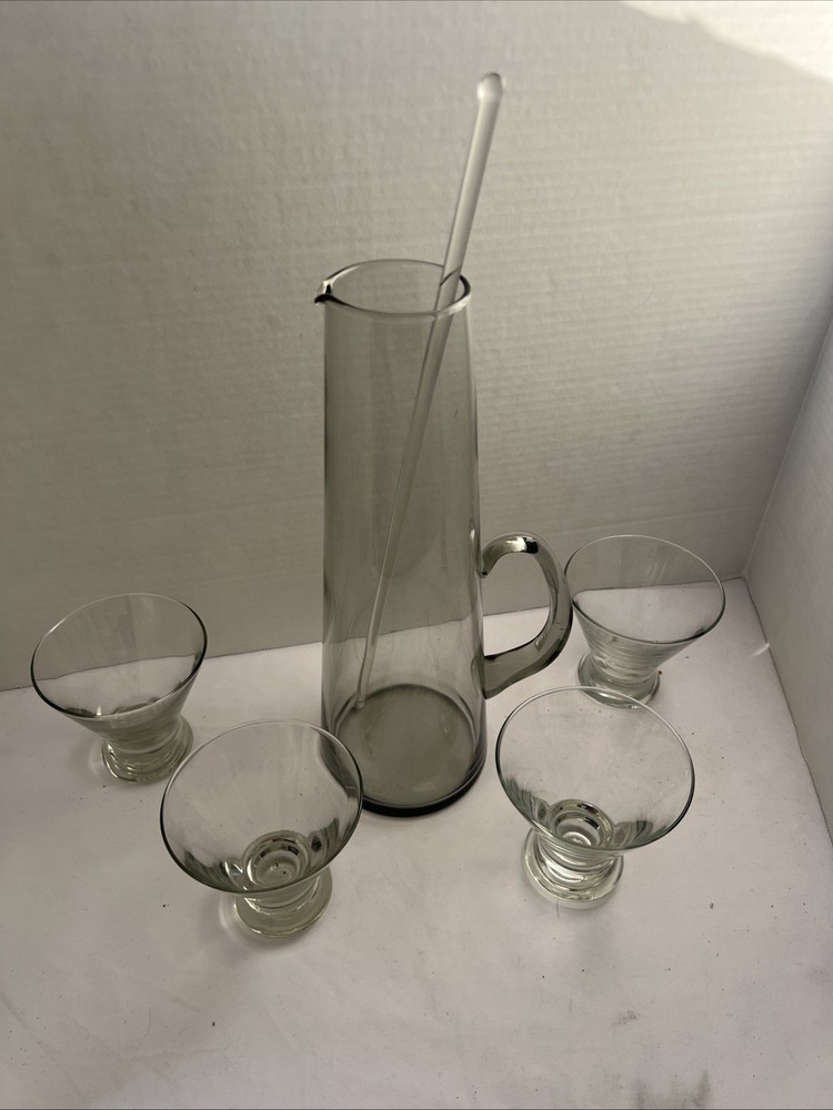 MCM 13″ Per Lütken Holmegaard Kastrup Smoke Glass Martini Pitcher W/4 Glasses