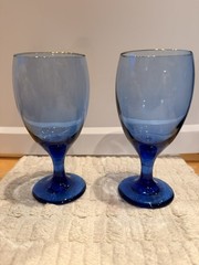 Set Of 2 Vintage Libbey Teardrop Blue Gold Rim Water Wine Goblet Iced Tea 7”