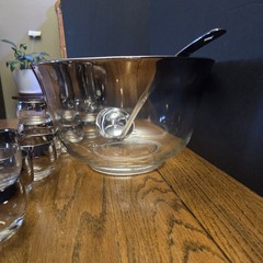 MCM Silver Fade Glass Full Punch Bowl Set 22 Roly Poly Cups Dorothy Thorpe Style