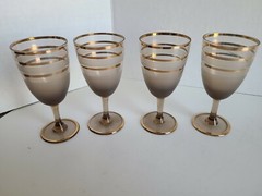 MCM 4 Cordial Aperitif Stem Glasses Gold Bands Rings Amber Gray Frosted VTG