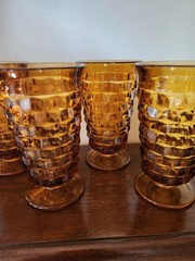 Set of 6 Vintage Indiana Whitehall Amber Glasses, Cubits Design, 6″ Tall, VGC
