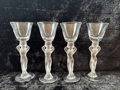 Vintage Bayel crystal frosted nudes 4 stemmed cordial glasses France 1930-1940