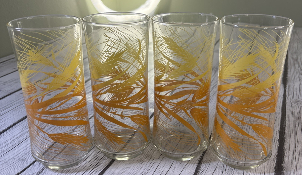 Vintage 1970s Set of (4) Libbey Golden Harvest Wheat Tall 16oz Tumbler Glasses.