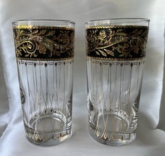 Pair of vintage Culver «Bavaria» highball glasses, tumblers, black and gold