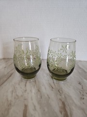 Vtg 2 Libbey Mint Bouquet Avocado Green Juice Glasses Embossed Raised Flowers