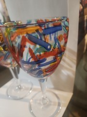 2 Pier 1 Imports Multicolor Confetti Hand Blown Art Glass Wine Goblets 8″ 90s