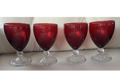 4 Vintage Anchor Hocking Red Boopie Footed Holiday Cordial Glasses Mint 4.2”