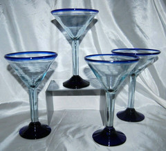 Set of 4 Mexican Cobalt Blue Rim Martini or Margarita Glasses 7.5″T 8oz
