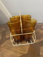 VTG MCM Amber Textured Glasses Tumblers 12 oz set of 8 w/ Caddy RARE FIND