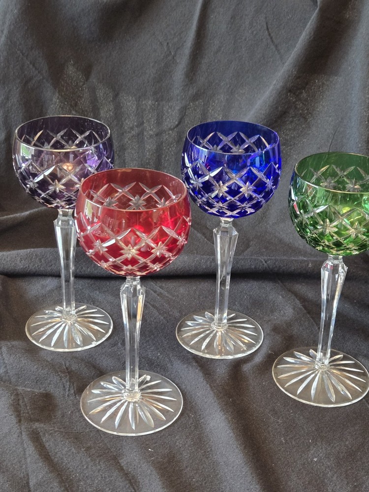 AJKA / Bohemian Cut Glass Crystal Wine Goblets Hocks Blue Red Green Purple Stars