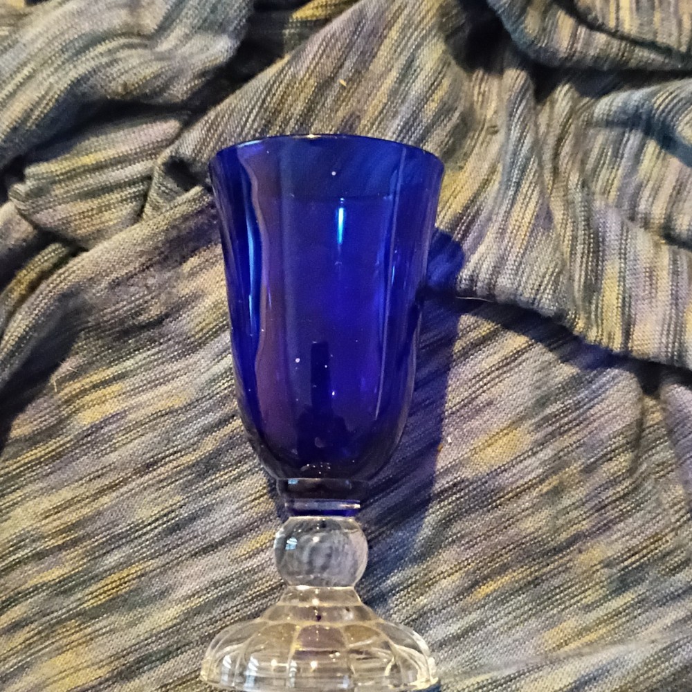 Cobalt Blue Glass Goblet with Clear Stem, Glossy Finish, Round Shape
