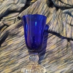 Cobalt Blue Glass Goblet with Clear Stem, Glossy Finish, Round Shape