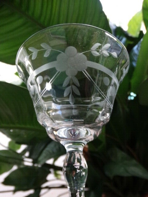 Clear Grey Cut Horizontal & Floral Design 7oz Low Sherbet Unknown Maker UNK1585