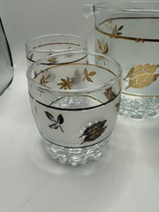 Vintage Pasabahce Frosted Glass With Gold Leaves Ice Bucket And 4 Rocks Glasses
