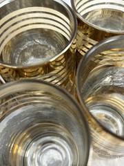 1960s Set Of 5 Gilt Gold Glass Cup Tumblers With Silver Roses, Clear Stripes MCM