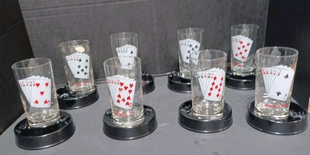 Set Of 8 Vintage Poker Suite Cards Glasses With Coaster Ashtray Bar Man Cave