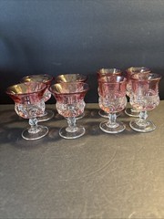 Kings Crown Thumbprint Cranberry Cordial Glasses-(8)-Cranberry Flashed EUC