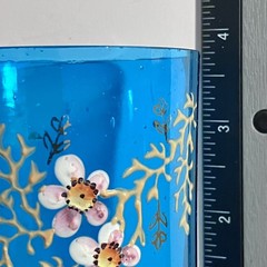 Antique VICTORIAN DRINKING Glass / AQUA BLUE With ENAMELED FLOWERS / Small Flaw