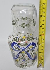 Tumble Up Bedside Water Carafe and Glass Hand Painted Blue Yellow Flowers Signed
