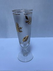 6 Vtg MCM Pilsner Glasses Gold Leaf Frosted Footed Stemmed Beer Foliage Drinking