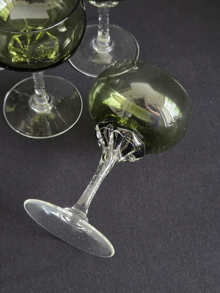 Vtg Sasaki Coronation Green Crystal Wine Glasses (4) Twisted Stem #2