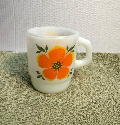 Anchor Hocking Fire King Stacking Mug Yellow Red Orange Floral Flowers Cup