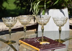 4 Vintage Yellow Etched Cocktail Glasses, Tiffin Franciscan, Rosalind, 1930