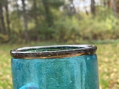 Vibrant Electric Blue Bubble Glass Tumbler With Applied Amber Brown Rim Vintage
