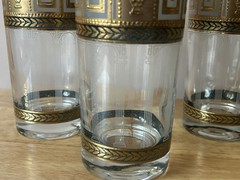 Set Of 4 CULVER Greek Highball Glasses Green 22k Gold MCM Cocktail Signed