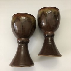 Set Of 2 Studio Art Brown Tan Drip Glaze Pottery 7” Goblet Wine Challis Lot