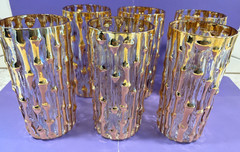 SIX (6) Imperial Glass BAMBU Raised Gold Drinking Glasses Flat Tumblers, 5 3/4”