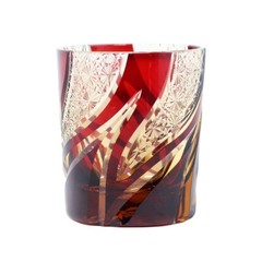 J29 Edo Kiriko Glass Overlay Glass 9Ounces Amber Red Hand Cutting Whiskey Cup