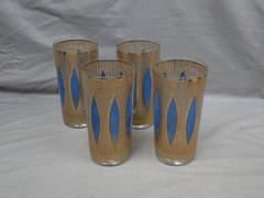 Set of 4 MCM Culver Aqua Tiffany Hi-Ball Glasses Blue Diamond Gold Accents