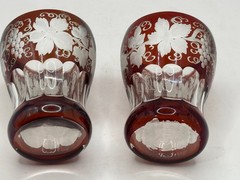 Pair 3″ Liquor Glasses Ruby Cut to Clear Bohemian Glass Grape and Vine Motif