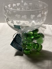 Crystal Claddagh Crystal Hand Clover Etched Glass Candle Bowl With Glass Beads