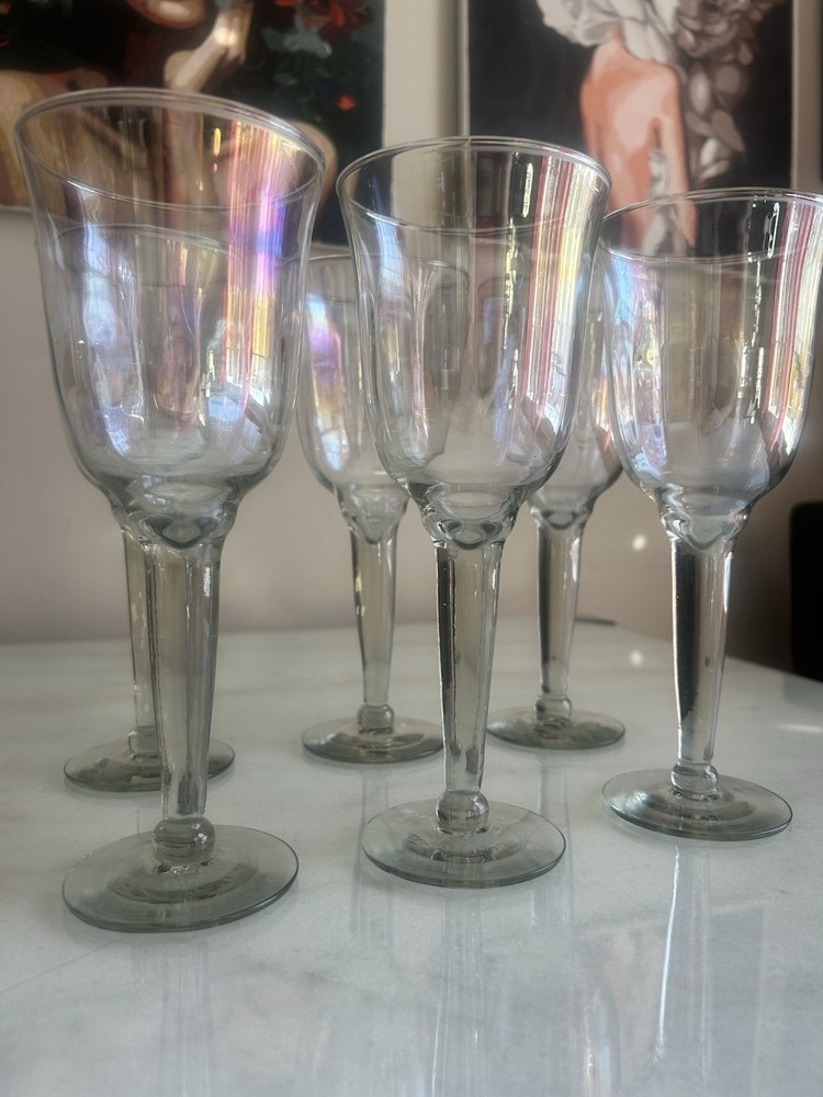 Set of 6 Iridescent Wine Glasses 9” Tall Clear Stem Rainbow Luster Goblets
