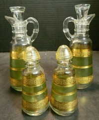 Vintage MCM (4) Pcs Anchor Hocking Green & Gold Striped Glass Condiment Set Exc