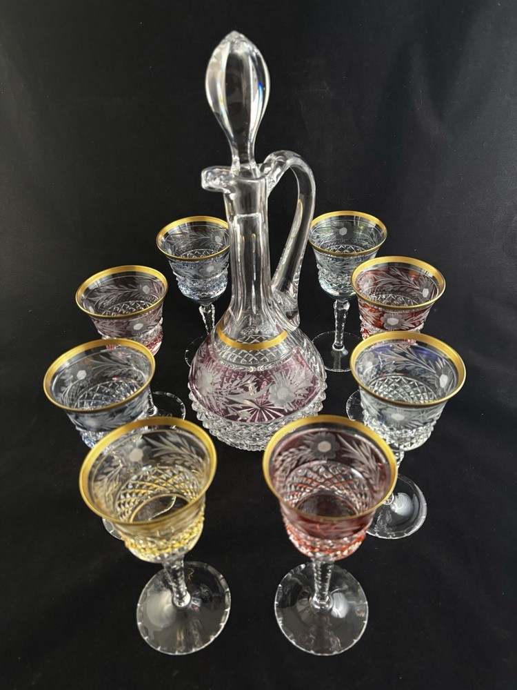 Ebeling and Reuss Hand-Blown German Crystal Decanter Set 8 Colorful Wine Glasses