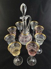 Ebeling and Reuss Hand-Blown German Crystal Decanter Set 8 Colorful Wine Glasses