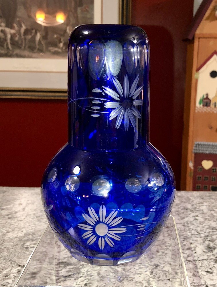 Vintage Bohemian Glass Cobalt Blue Cut to Clear – 2pc Guest Water Set Tumble Up