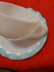 Vintage 1950 Hazel Atlas White Cup & Pastel Blue Ruffle  Edge Saucer set of 2