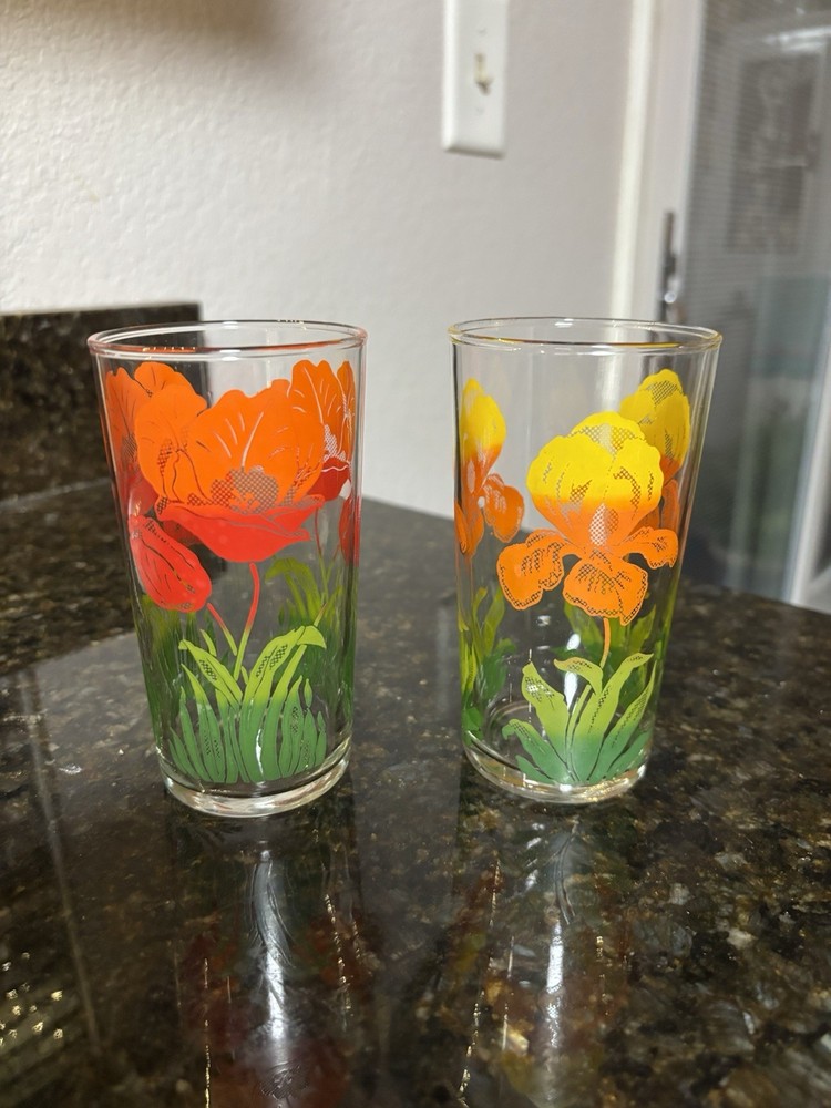 Vgt Culver Cinnabar Highball Glasses, One With Poppies And One With Irises,4.75”