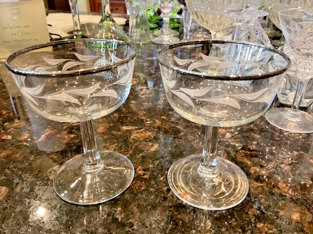 2 – Mid Century Cristal D’Arque Platinum Rimmed/Laurel Leaf/Champagne Coupes