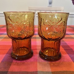 Pair of 1970 Vintage Libbey Garden Daisy Amber Gold Glass Tumblers 12oz