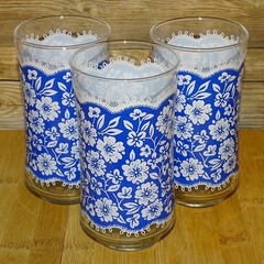 Vintage Lot of 3 Libbey 12 oz Blue Lace White Flowers Retro Tumbler Glass 5 1/4”