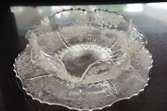 Depression glass, Martinsville console bowl with bottom plate etched flowers