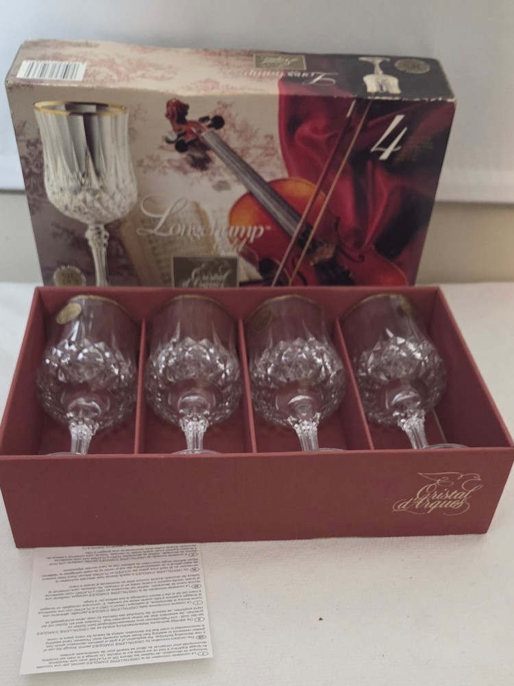 New Cristal D’Arques Longchamp Gold Rimmed Wine Glasses 7 1/4″ Set Of 4