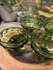 VTG Avocado Green Indiana Glass Kings Crown Thumbprint Dessert Goblet Set Of 4