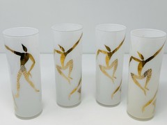 Set of 4 Vintage Federal Glass Tom Collins Highball Tribal Dancer 22k Gold 1960s