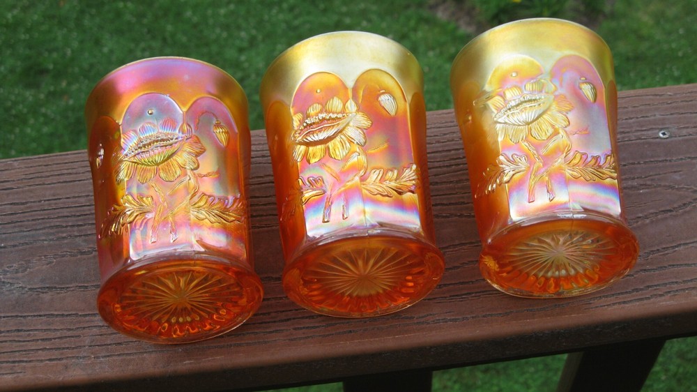 3 Dark Marigold Northwood Oriental Poppy Carnival Glass Tumblers Nice !!!